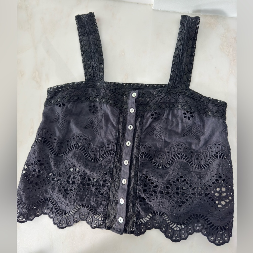 Love Shack Fancy Square line lace crop top in black.